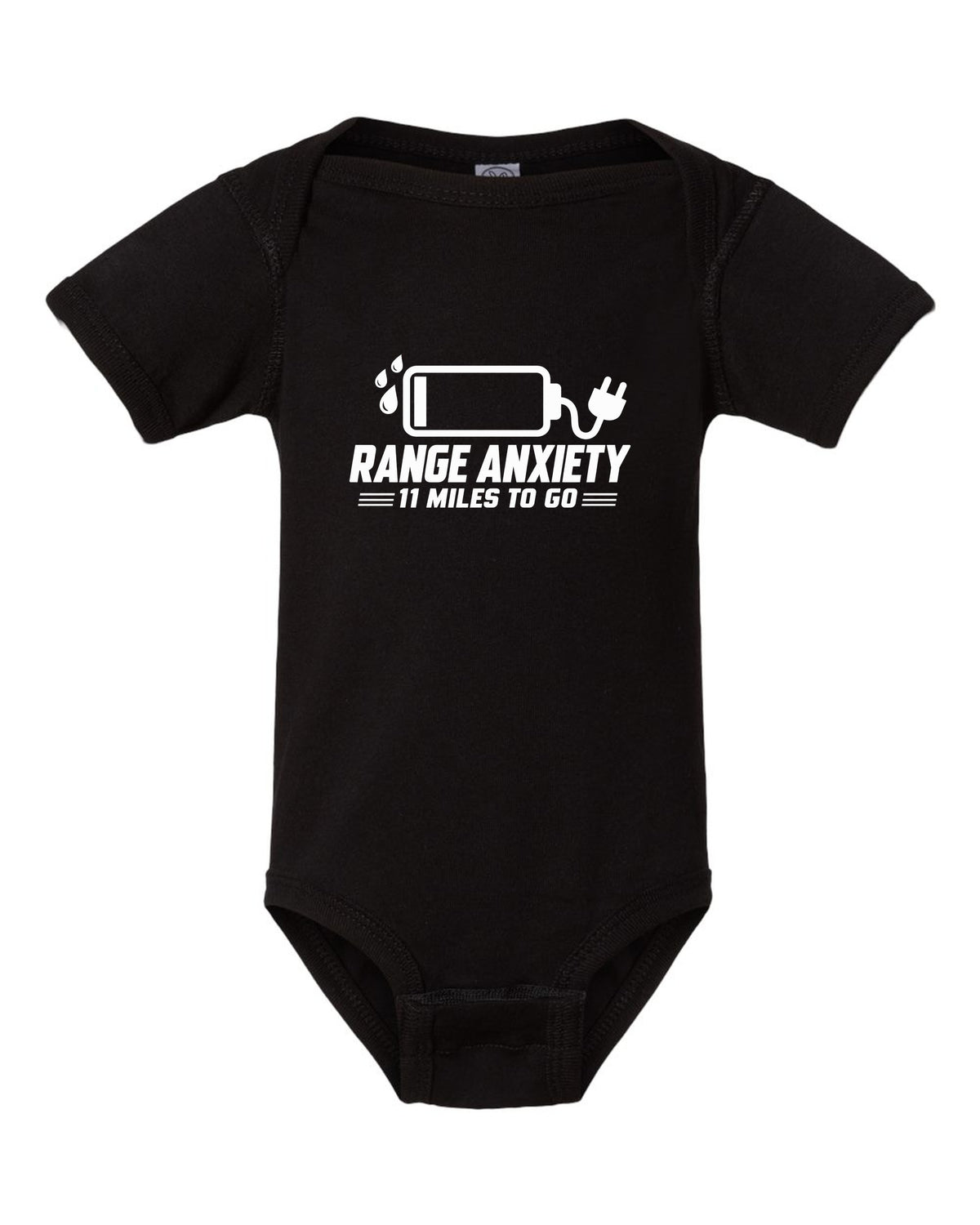 Funny Range Anxiety EV Shirt for Car Guys black baby onesie front view with the design