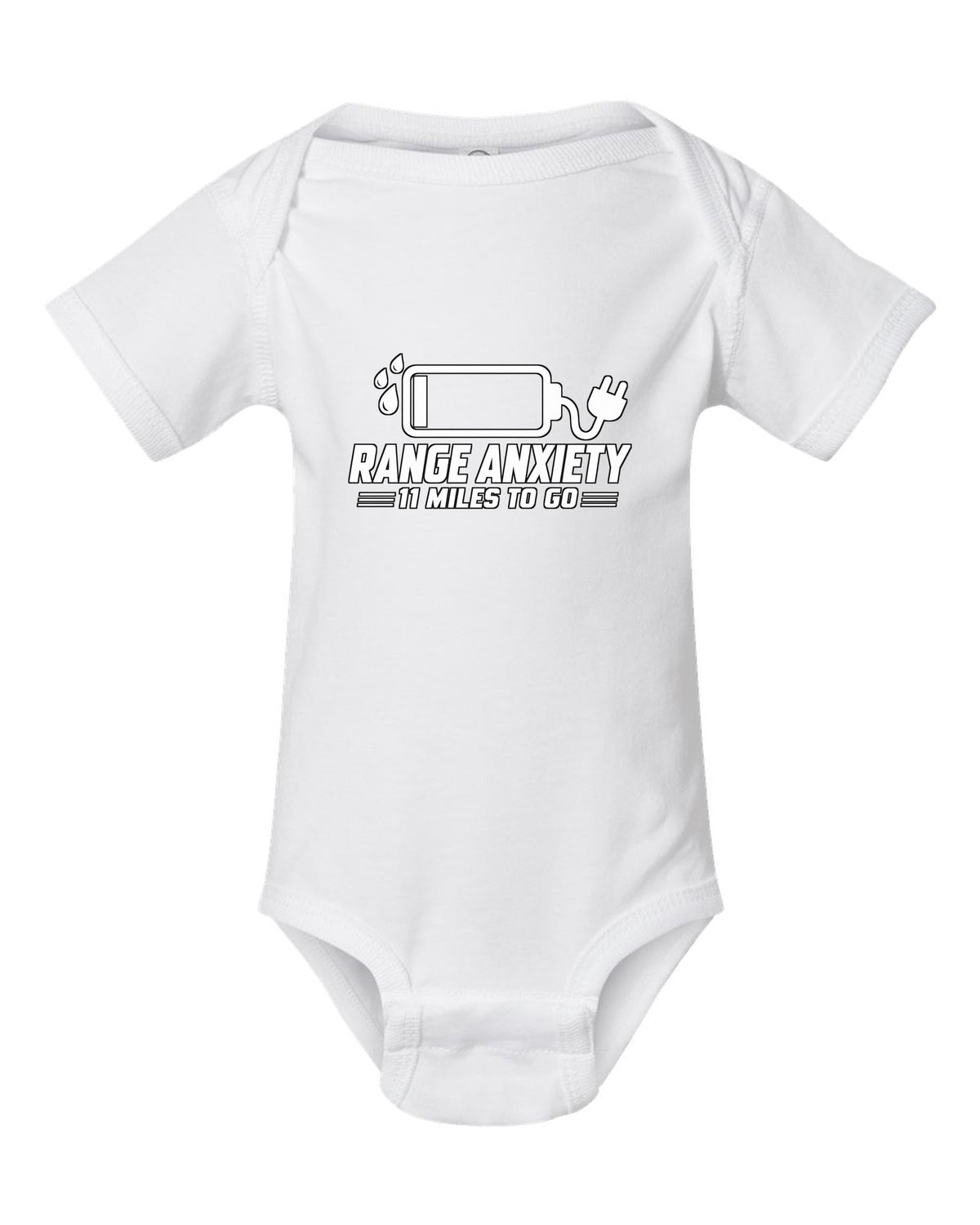 Funny Range Anxiety EV Shirt for Car Guys white baby onesie front view with the design
