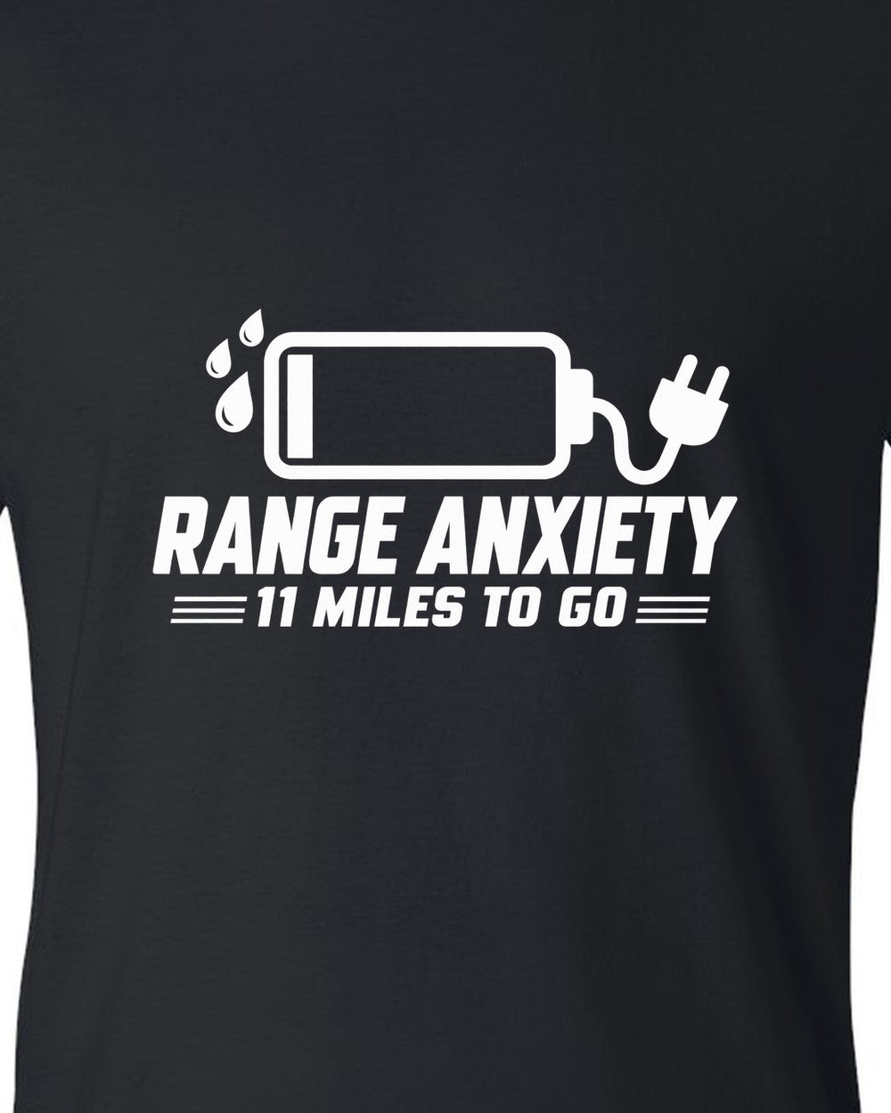 Almost empty battery icon with sweat drops and plug black t-shirt close-up