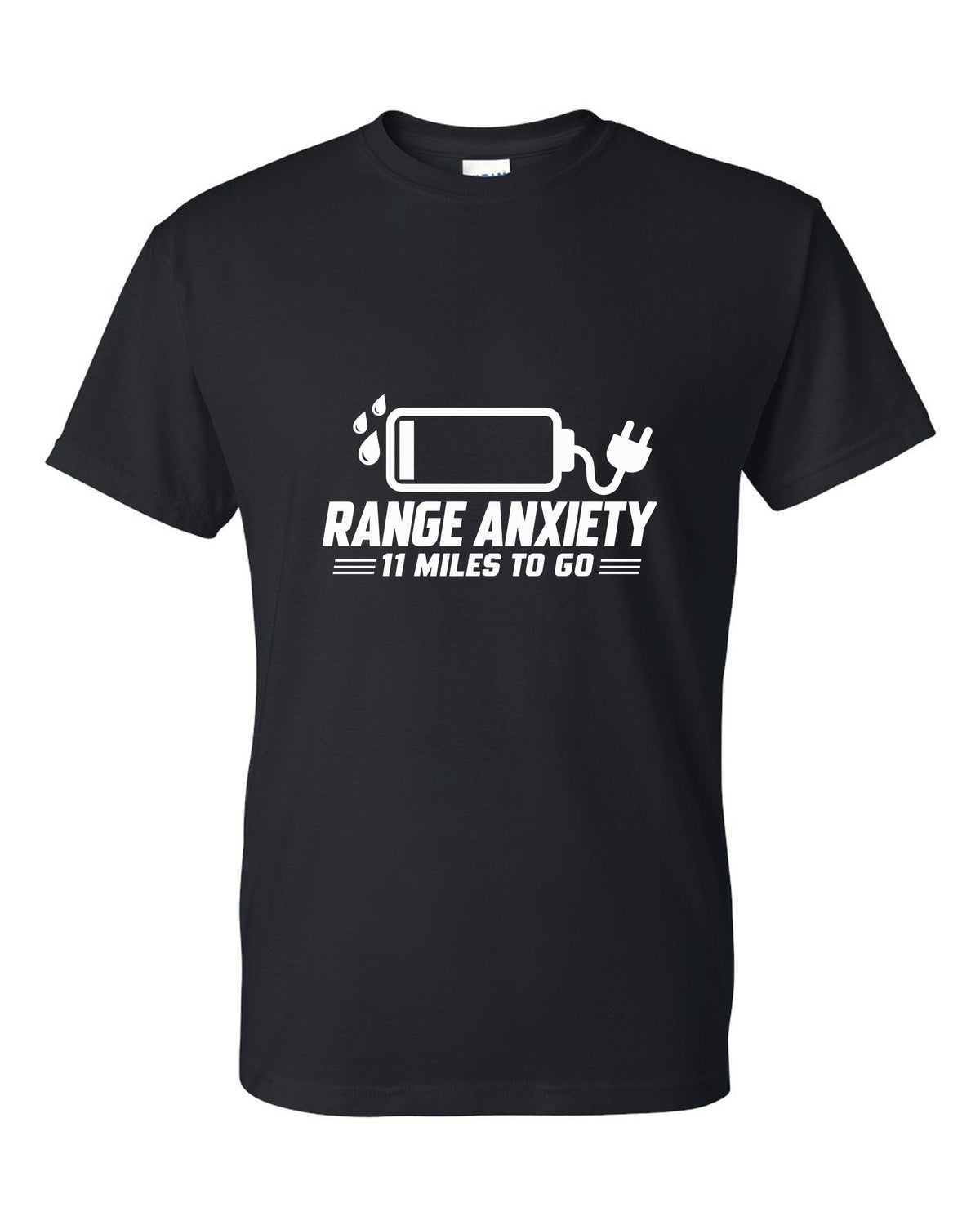 Almost empty battery icon with sweat drops and plug black t-shirt front view with the design