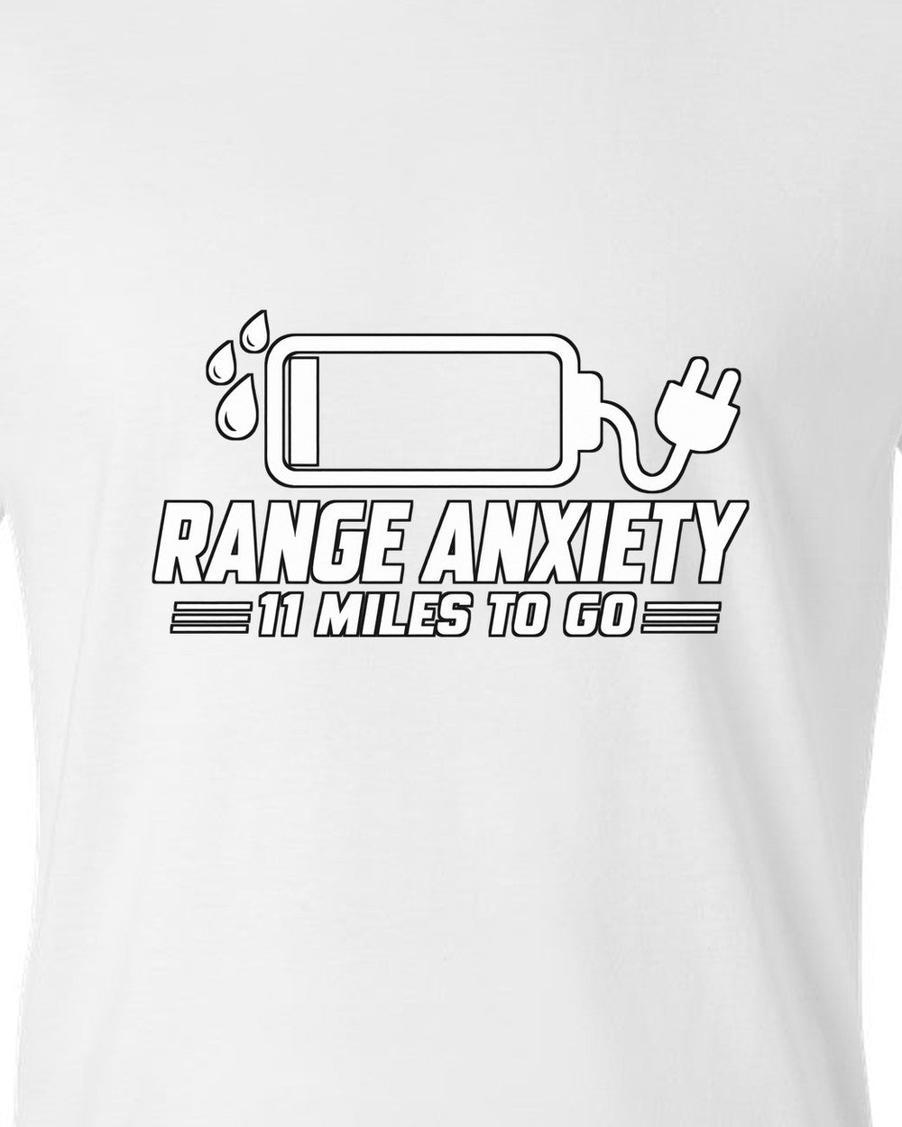 Almost empty battery icon with sweat drops and plug white t-shirt close-up