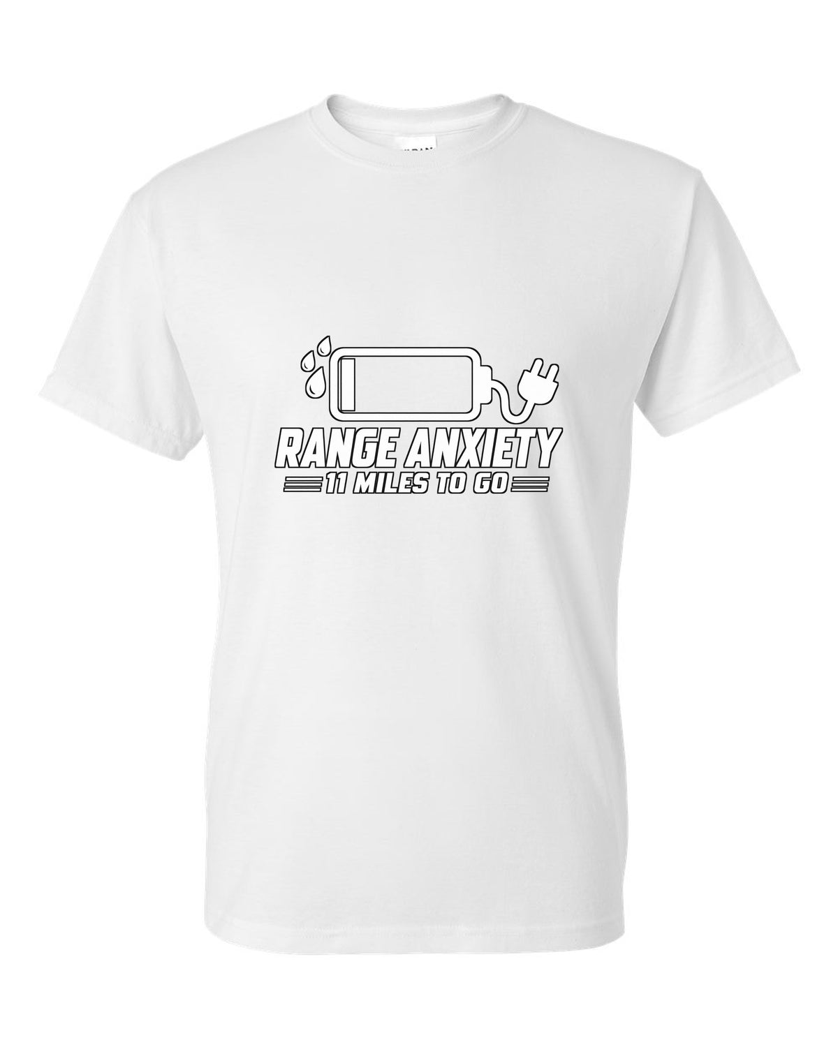 Almost empty battery icon with sweat drops and plug white t-shirt front view with the design