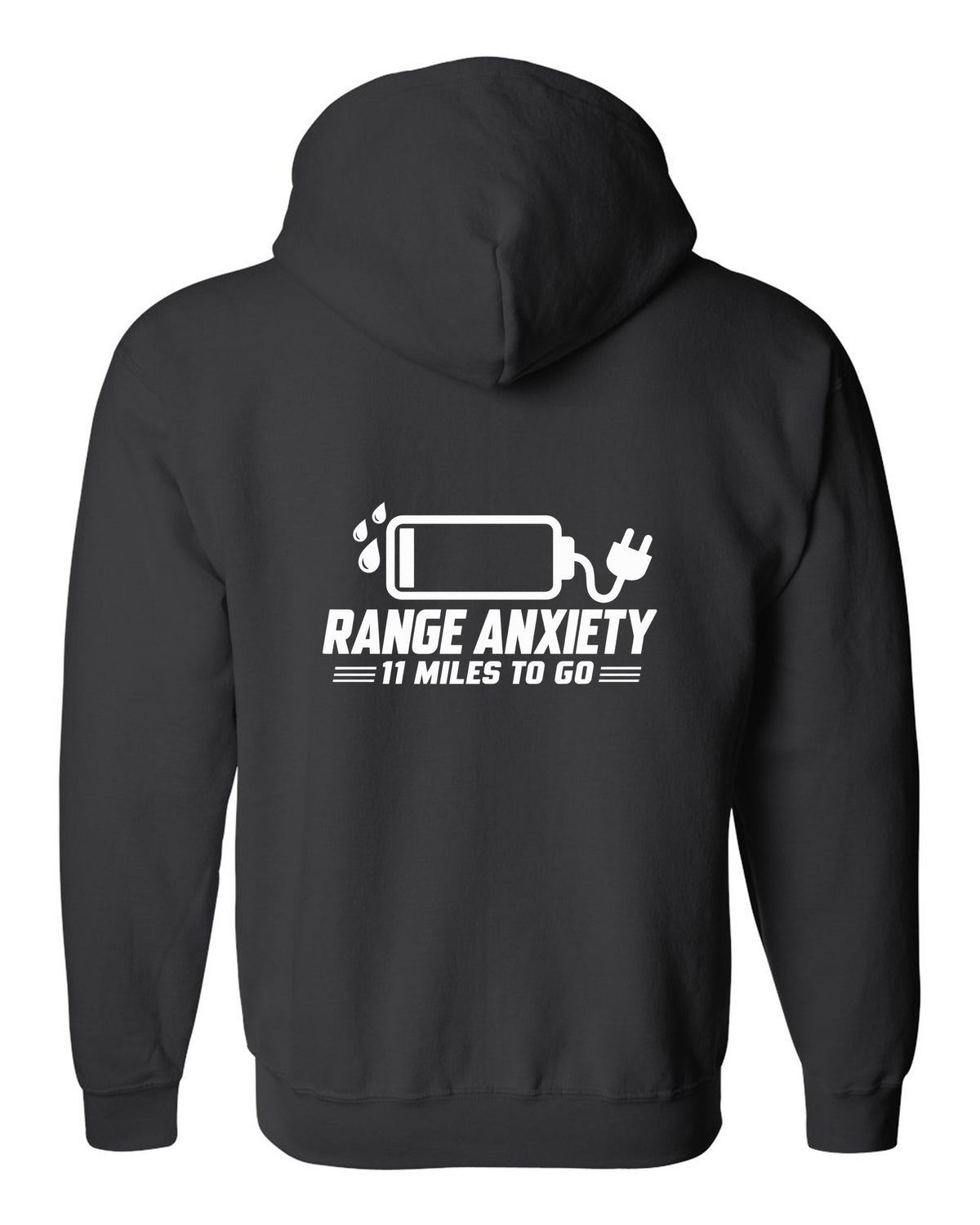 Almost empty battery icon with sweat drops and plug black zip hoodie back view with the design
