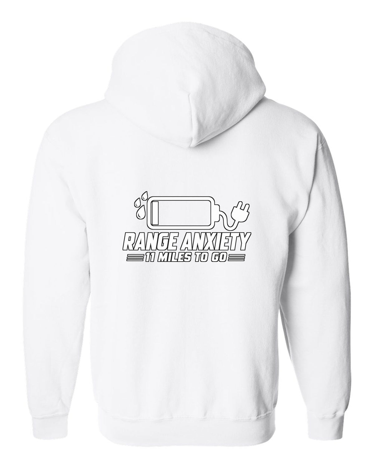 Almost empty battery icon with sweat drops and plug white zip hoodie back view with the design