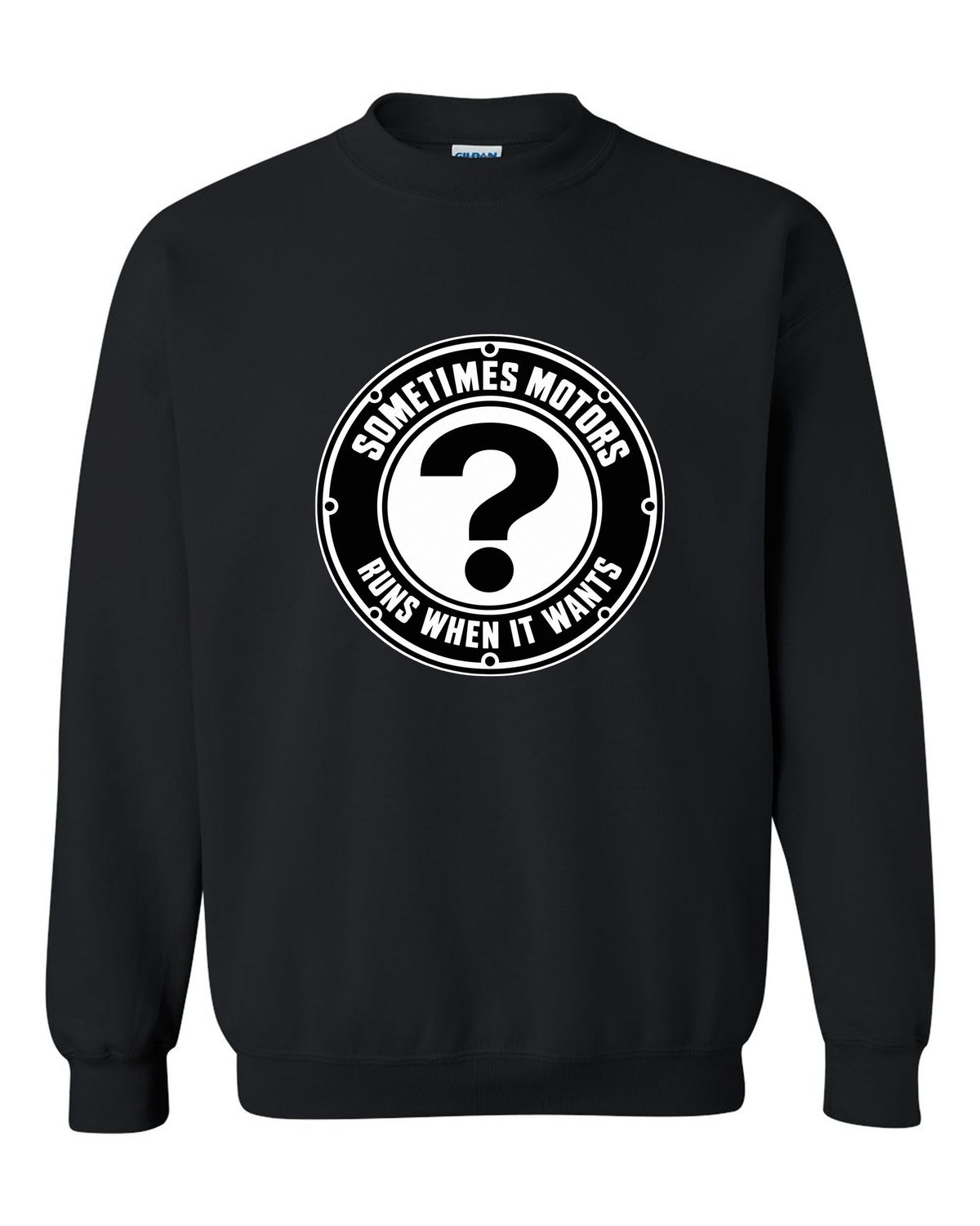Original car emblem roundel with a question mark black crewneck front view with the design