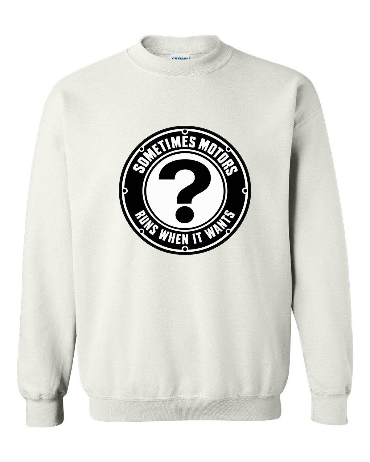 Original car emblem roundel with a question mark white crewneck front view with the design