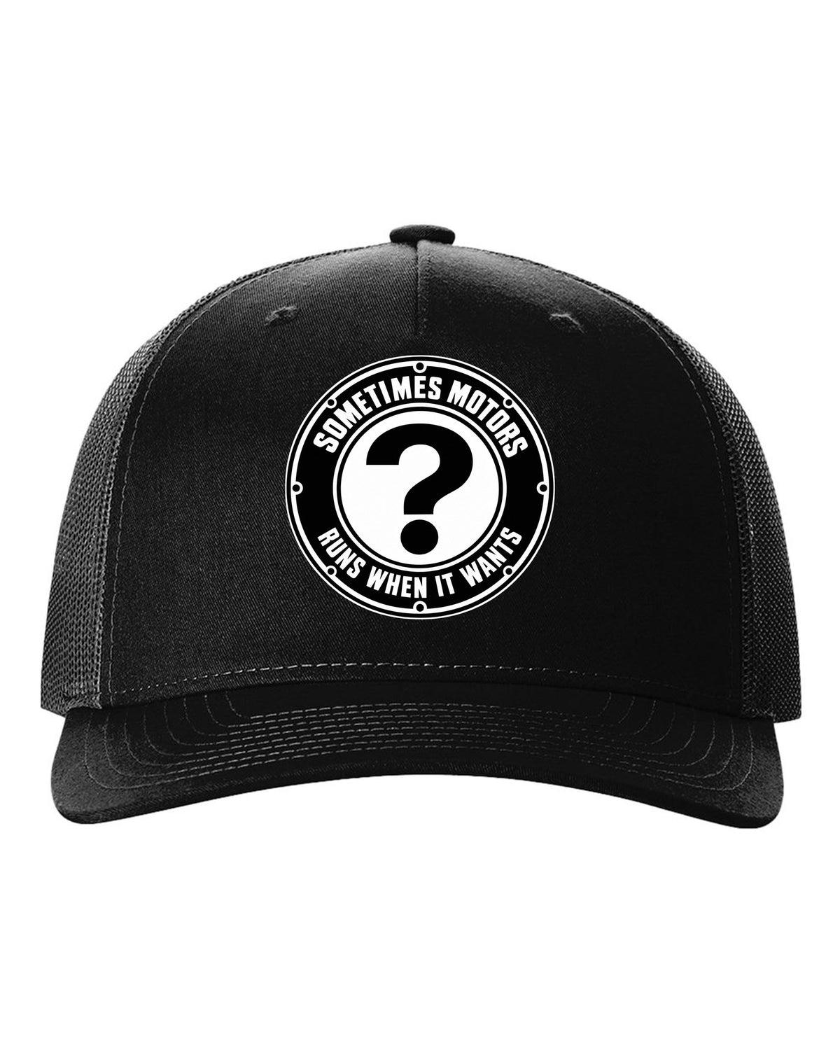 Original car emblem roundel with a question mark black hat front view with the design