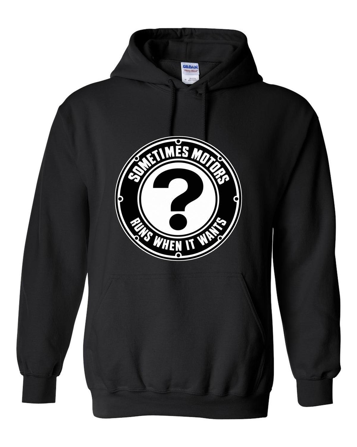 Original car emblem roundel with a question mark black pull over hoodie front view with the design