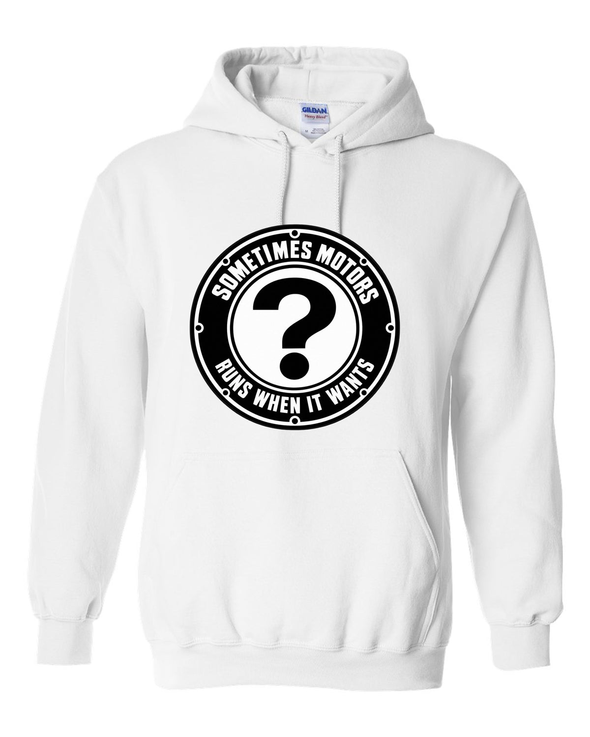 Original car emblem roundel with a question mark white pull over hoodie front view with the design