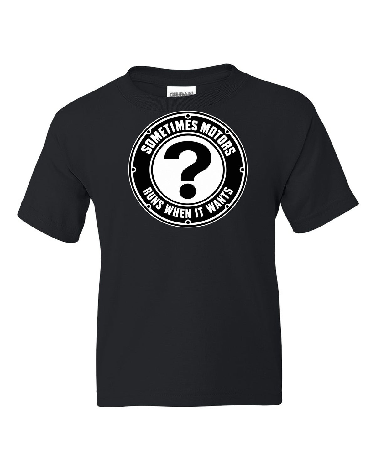 Original car emblem roundel with a question mark black kids tee front view with the design