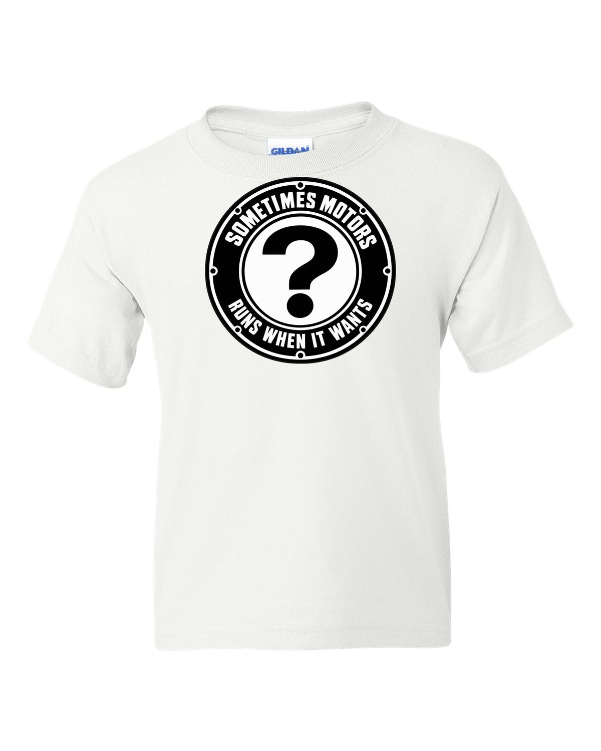 Original car emblem roundel with a question mark white kids tee front view with the design