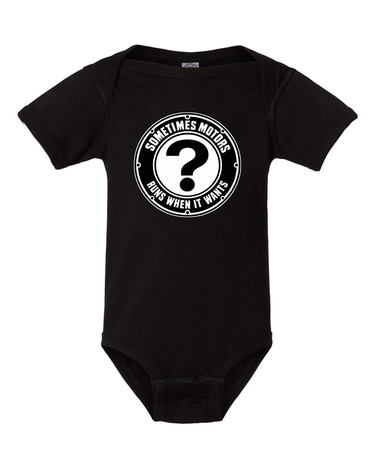 Funny Sometimes Motors Roundel Shirt for Car Guys black baby onesie front view with the design