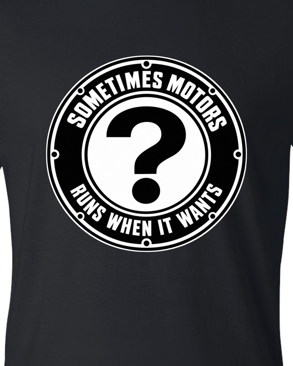 Original car emblem roundel with a question mark black t-shirt close-up