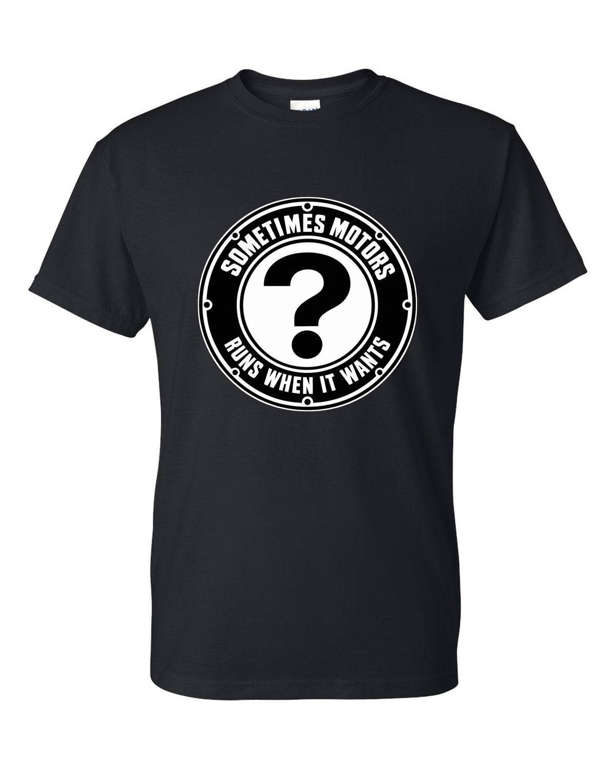 Original car emblem roundel with a question mark black t-shirt front view with the design