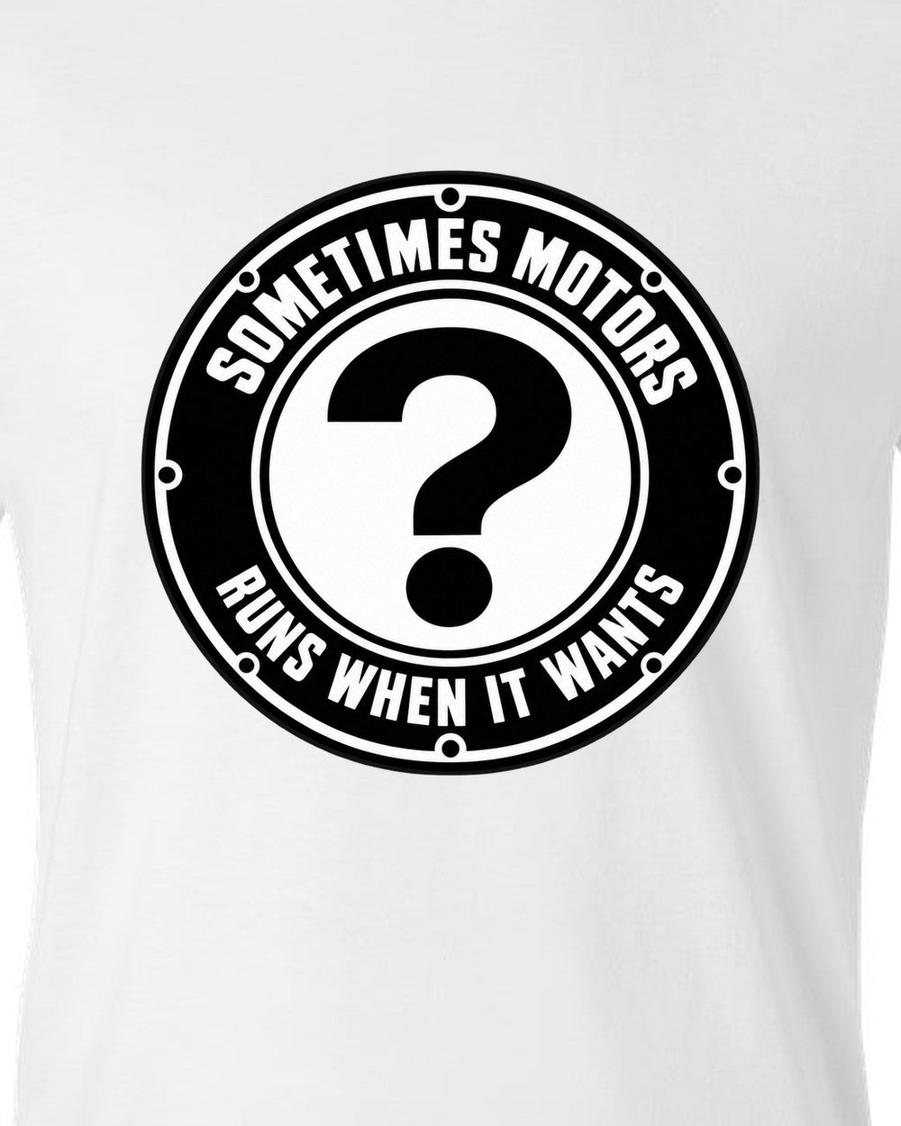 Original car emblem roundel with a question mark white t-shirt close-up