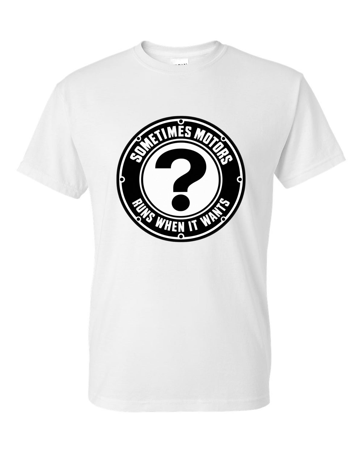 Original car emblem roundel with a question mark white t-shirt front view with the design