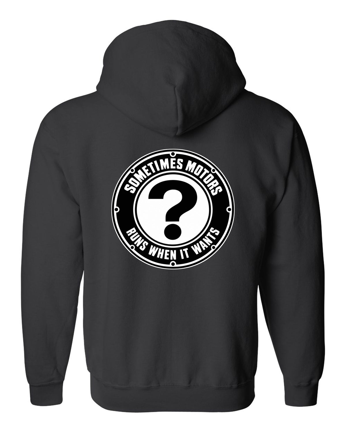 Original car emblem roundel with a question mark black zip hoodie back view with the design