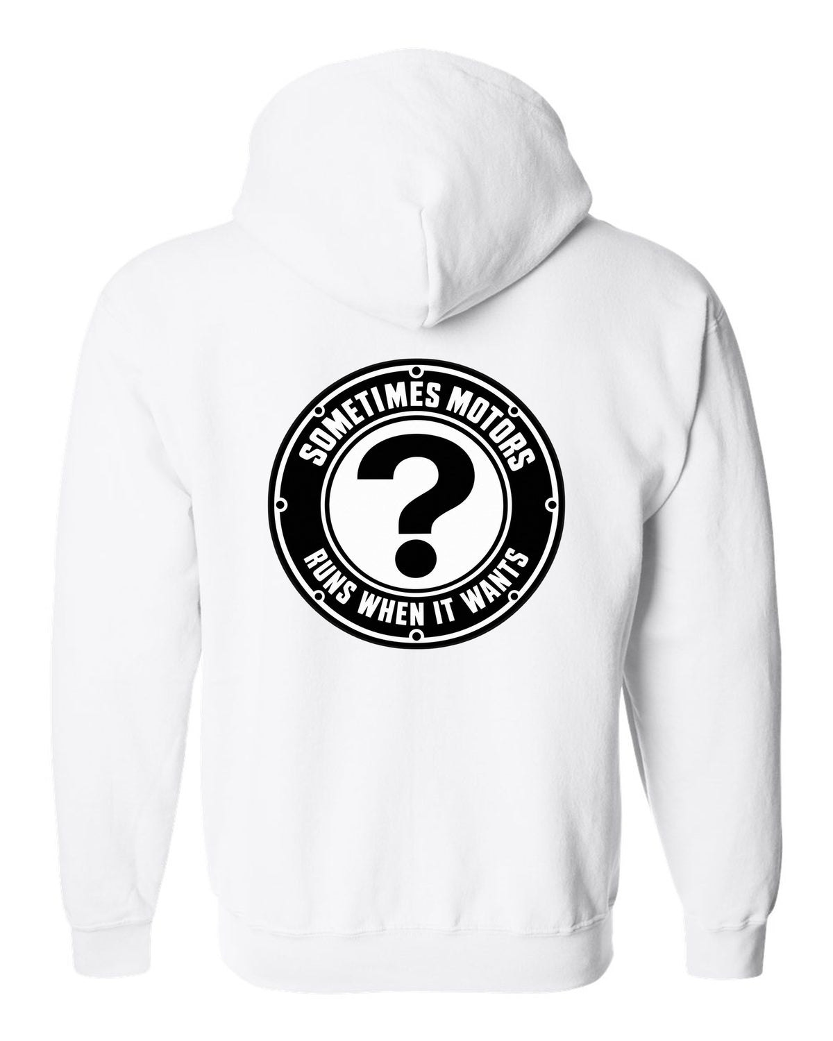 Original car emblem roundel with a question mark white zip hoodie back view with the design
