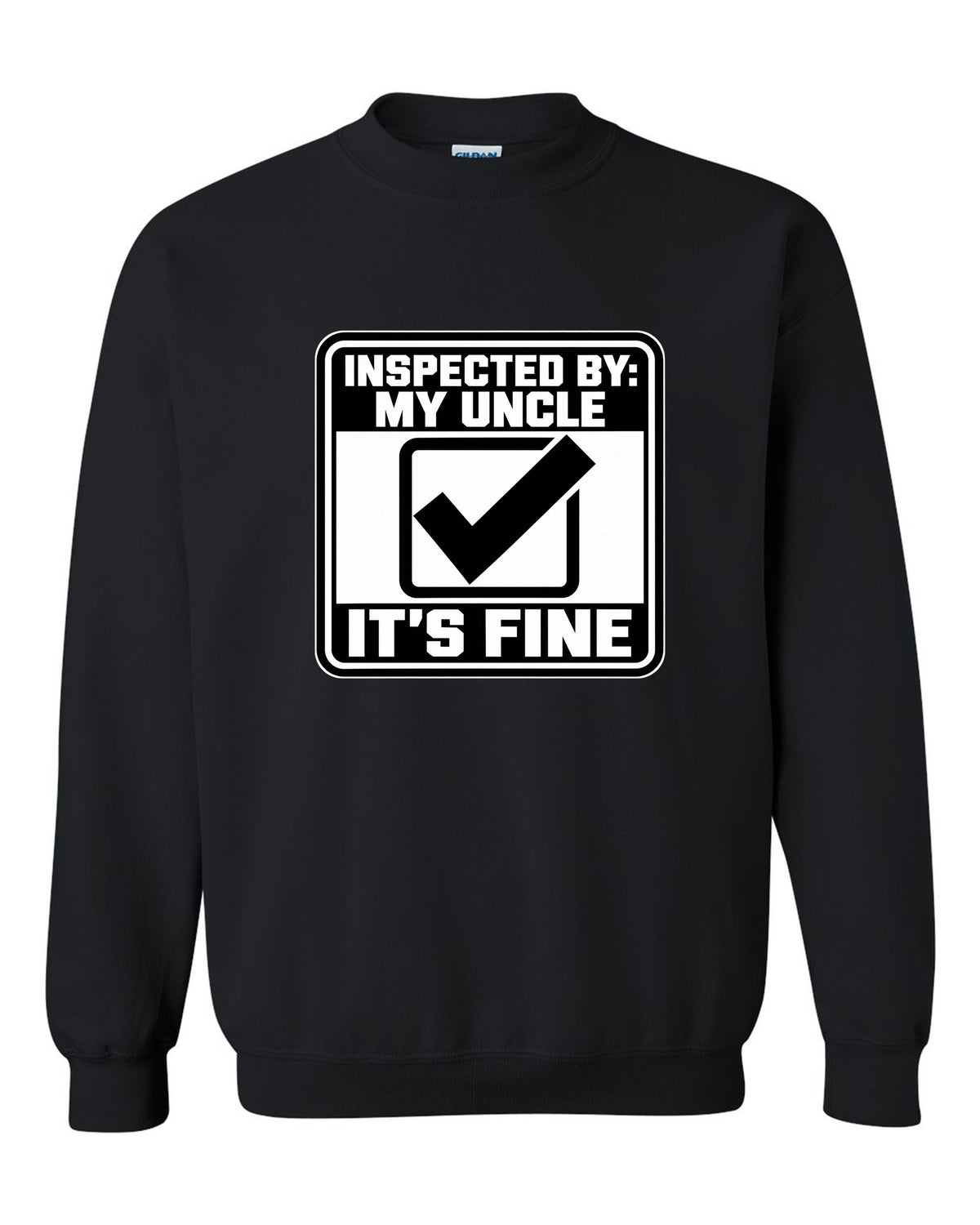 Square inspection sticker with a big check mark black crewneck front view with the design