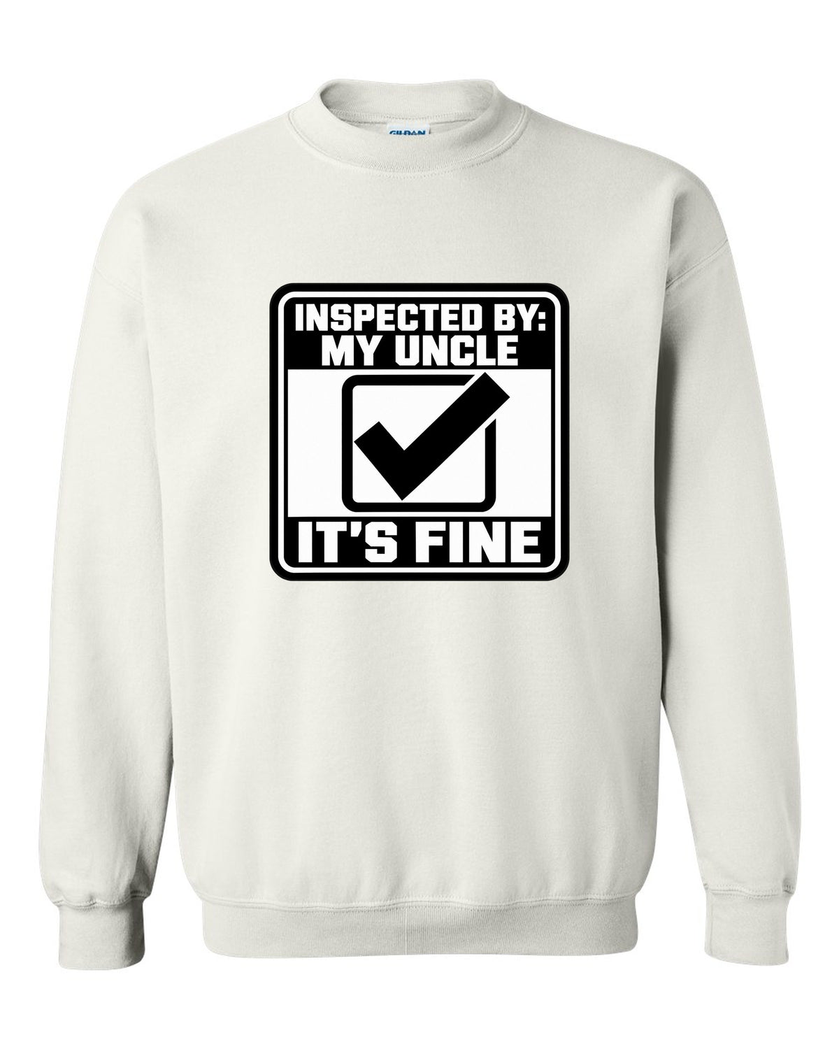 Square inspection sticker with a big check mark white crewneck front view with the design