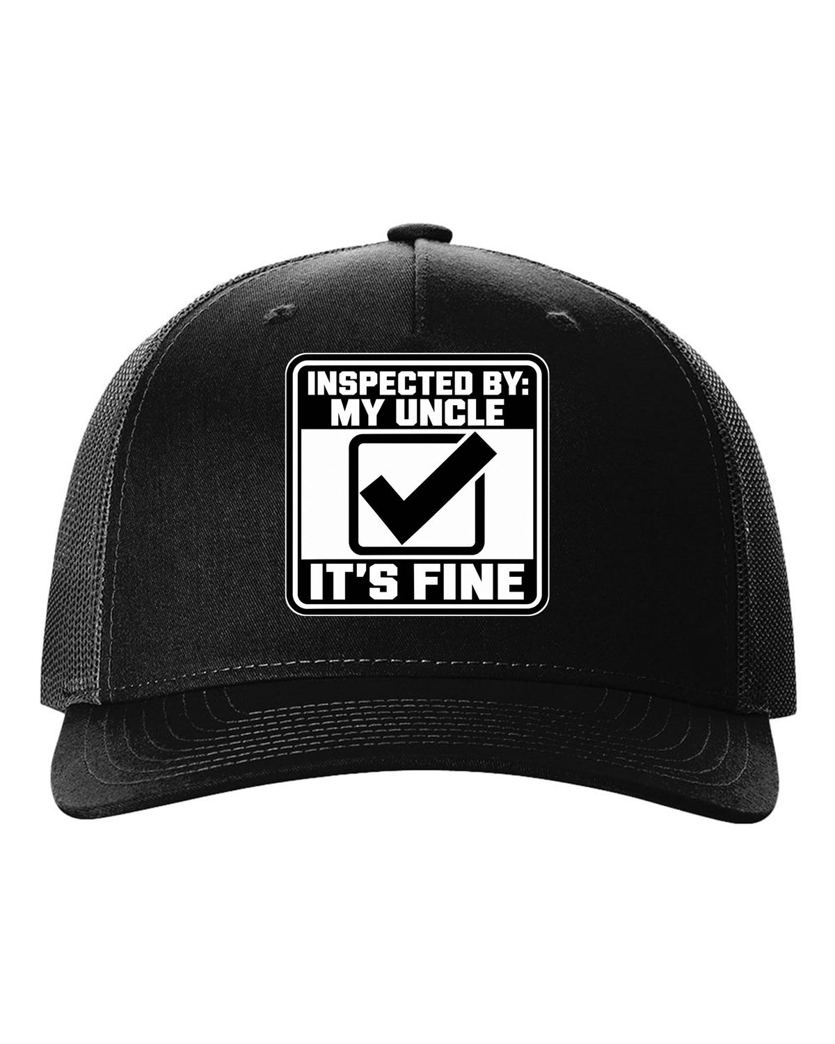 Square inspection sticker with a big check mark black hat front view with the design