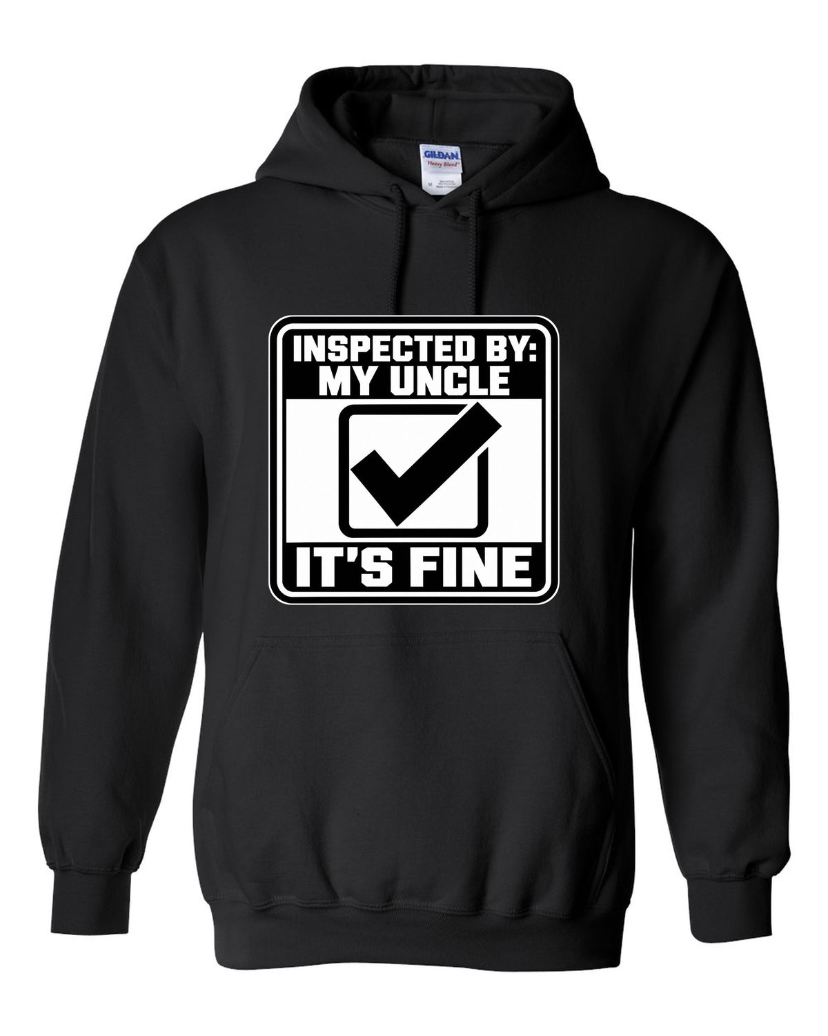 Square inspection sticker with a big check mark black pull over hoodie front view with the design