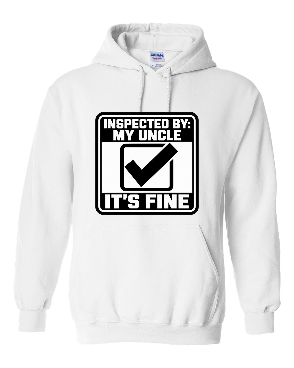 Square inspection sticker with a big check mark white pull over hoodie front view with the design