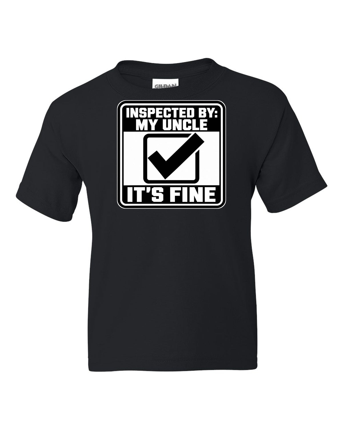 Square inspection sticker with a big check mark black kids tee front view with the design
