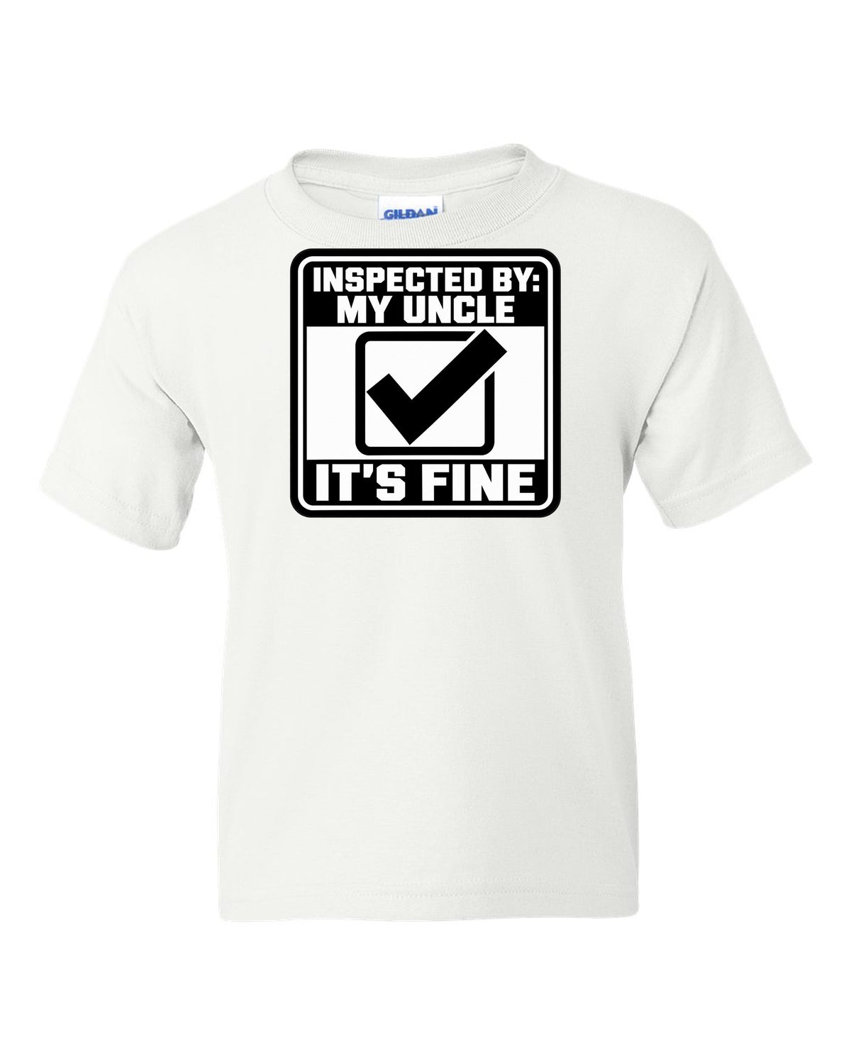 Square inspection sticker with a big check mark white kids tee front view with the design