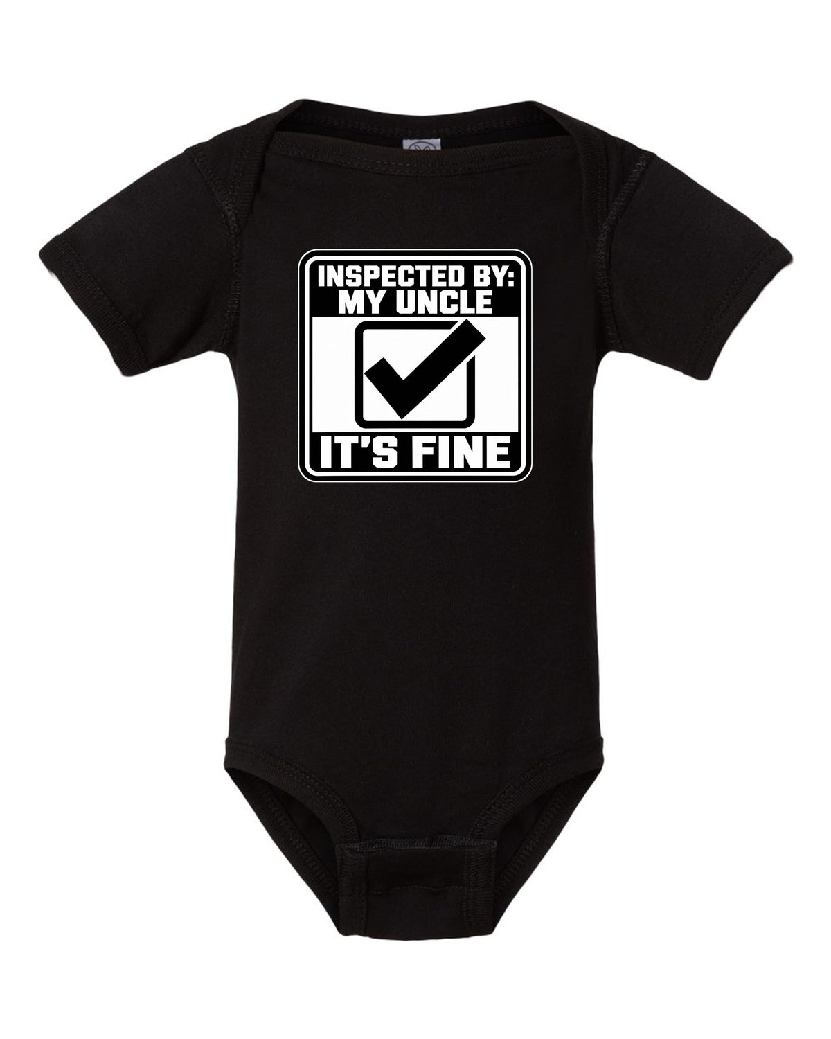 Funny Uncle Inspected Sticker Shirt for Car Guys black baby onesie front view with the design