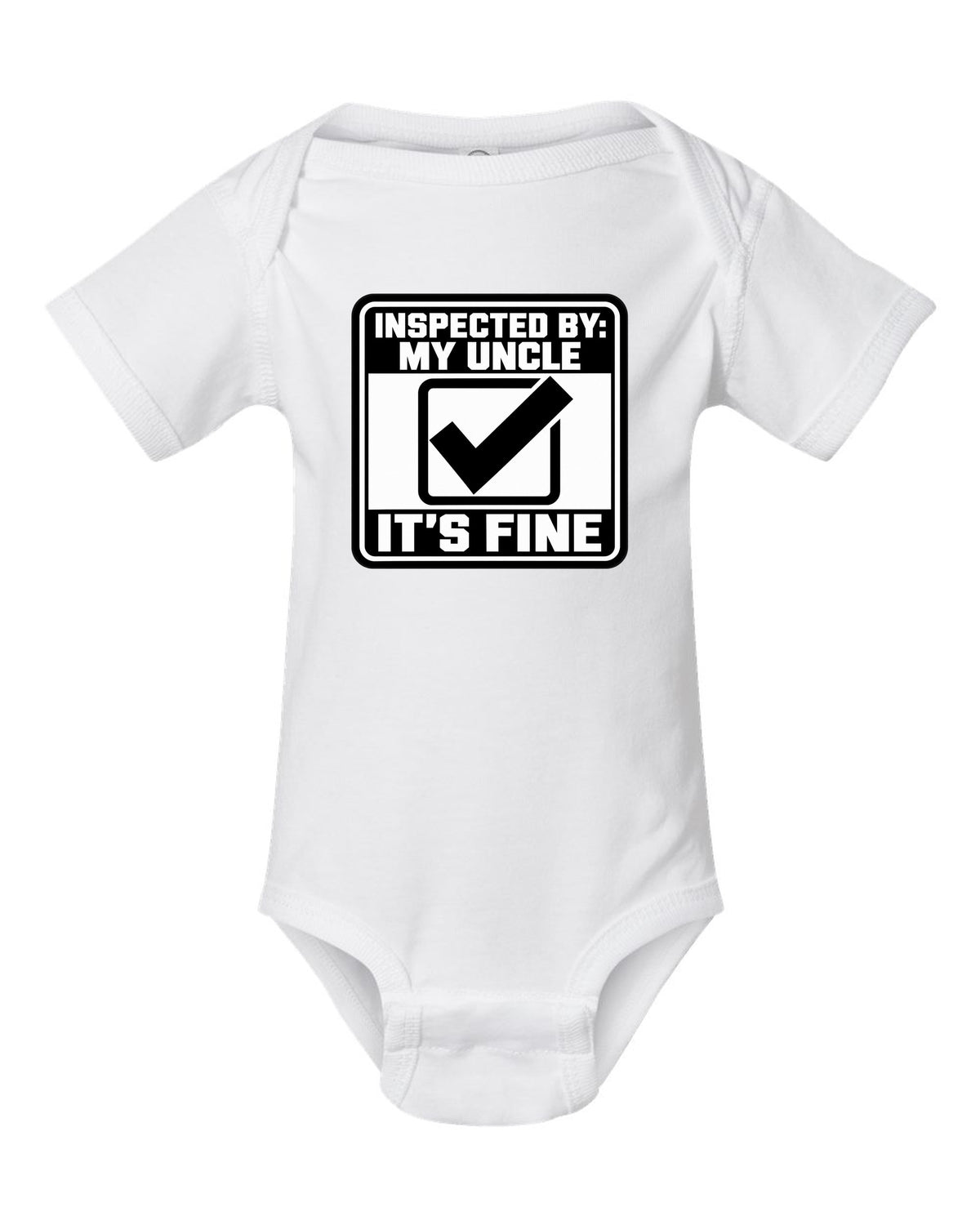 Funny Uncle Inspected Sticker Shirt for Car Guys white baby onesie front view with the design