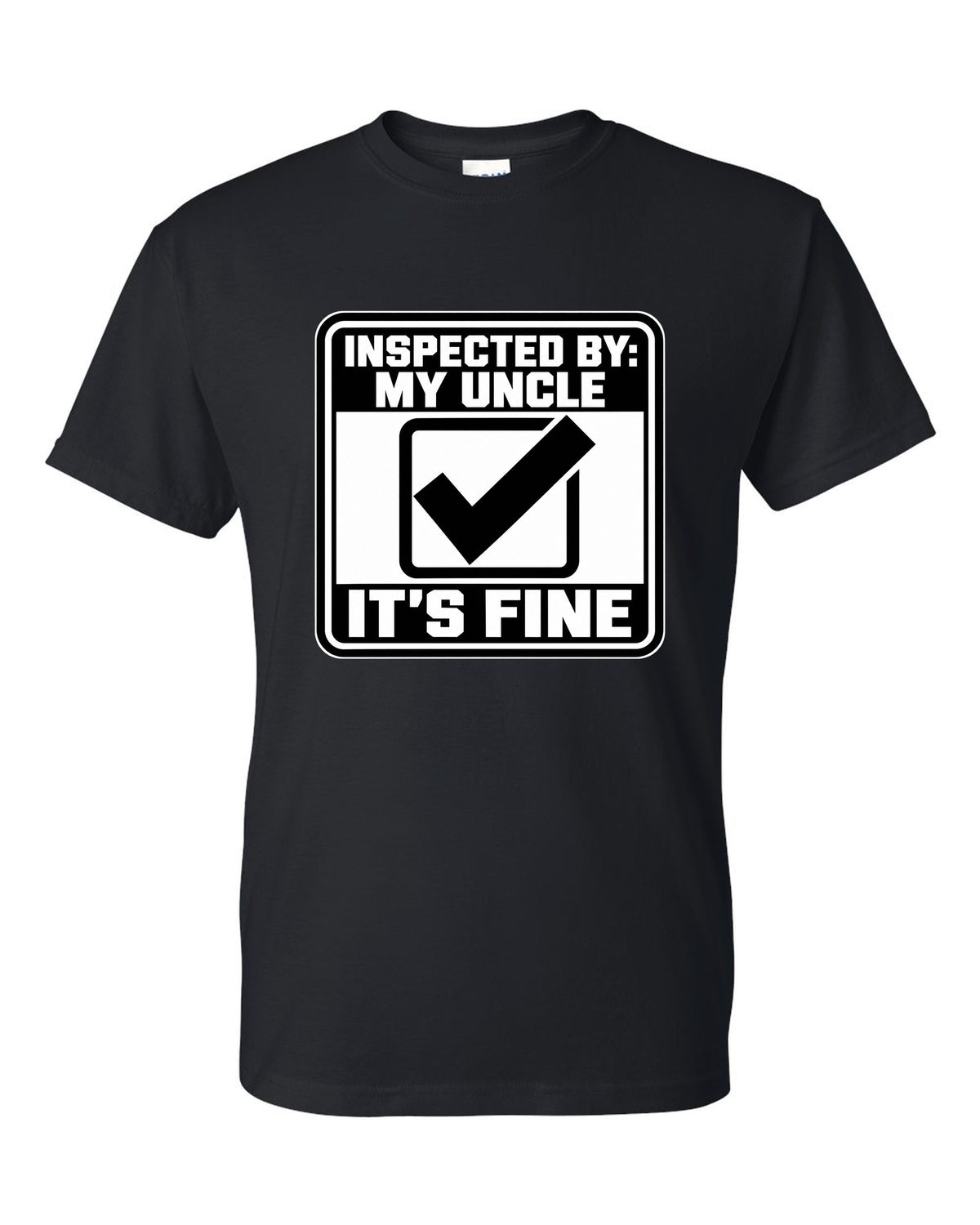 Square inspection sticker with a big check mark black t-shirt front view with the design