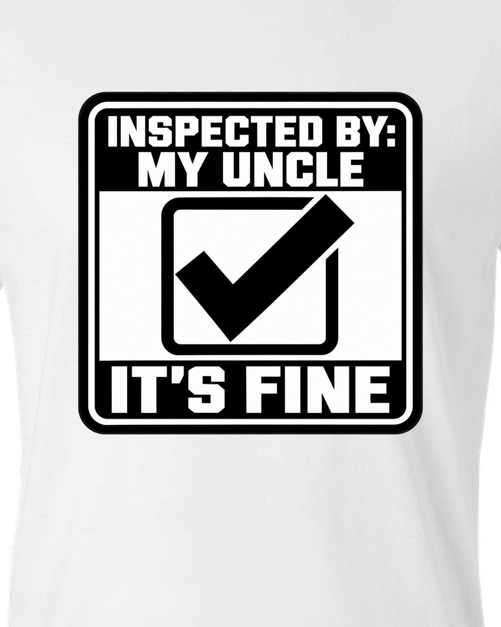 Square inspection sticker with a big check mark white t-shirt close-up