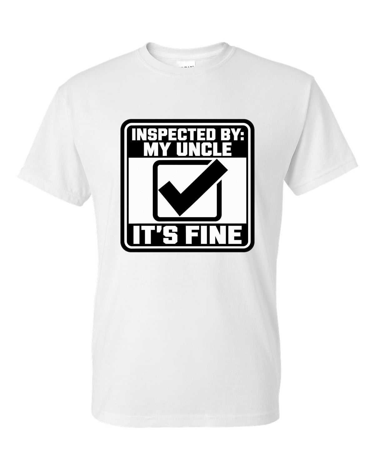 Square inspection sticker with a big check mark white t-shirt front view with the design