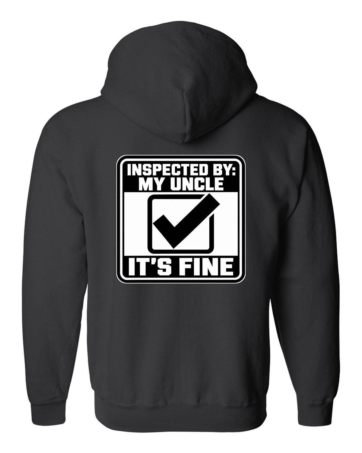Square inspection sticker with a big check mark black zip hoodie back view with the design