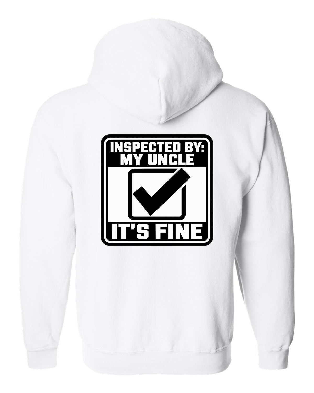 Square inspection sticker with a big check mark white zip hoodie back view with the design