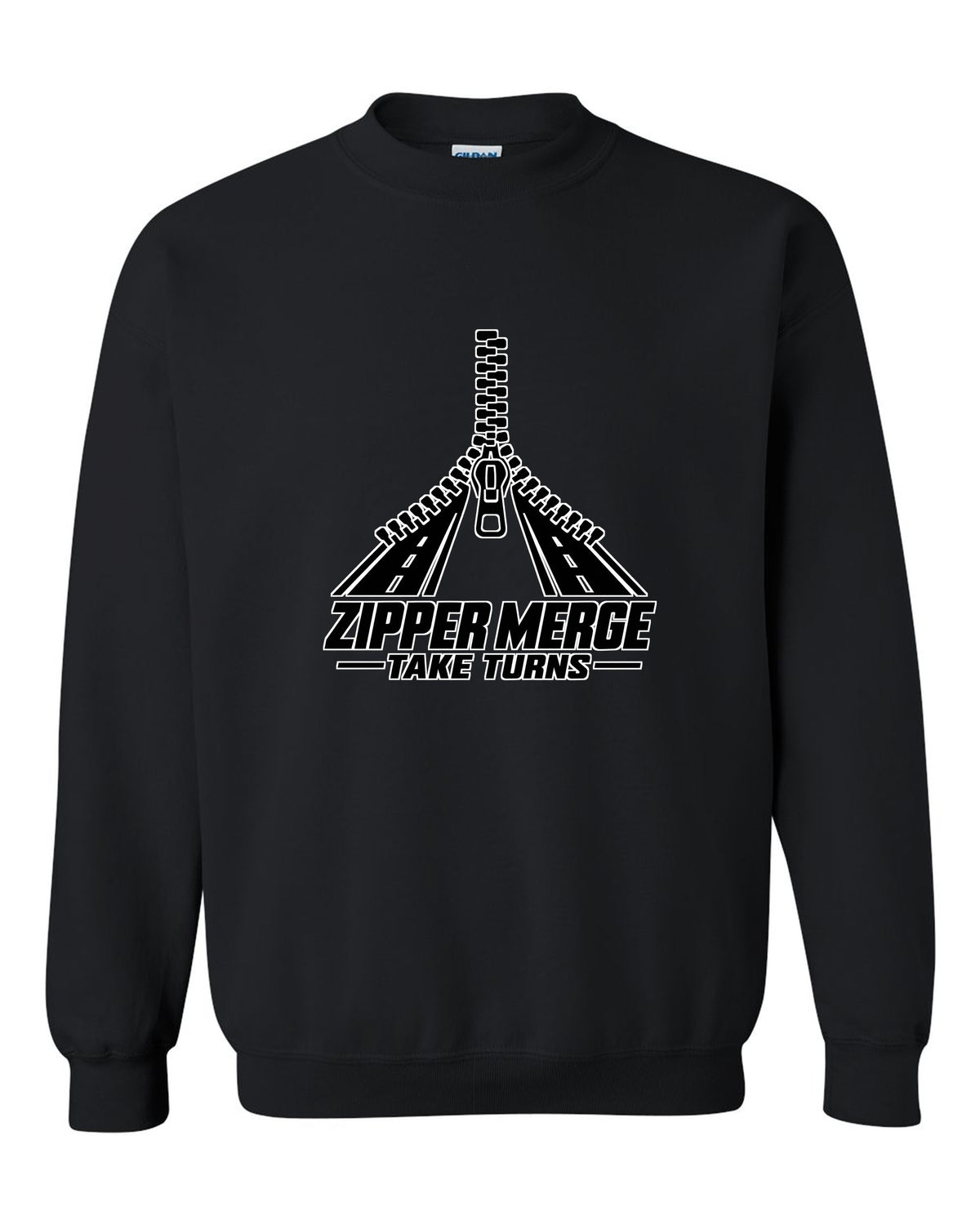 Two lanes of zipper teeth merging into one lane black crewneck front view with the design