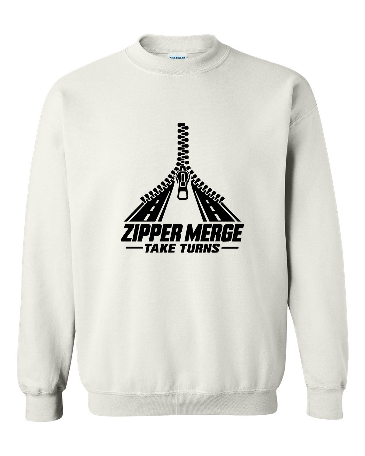 Two lanes of zipper teeth merging into one lane white crewneck front view with the design