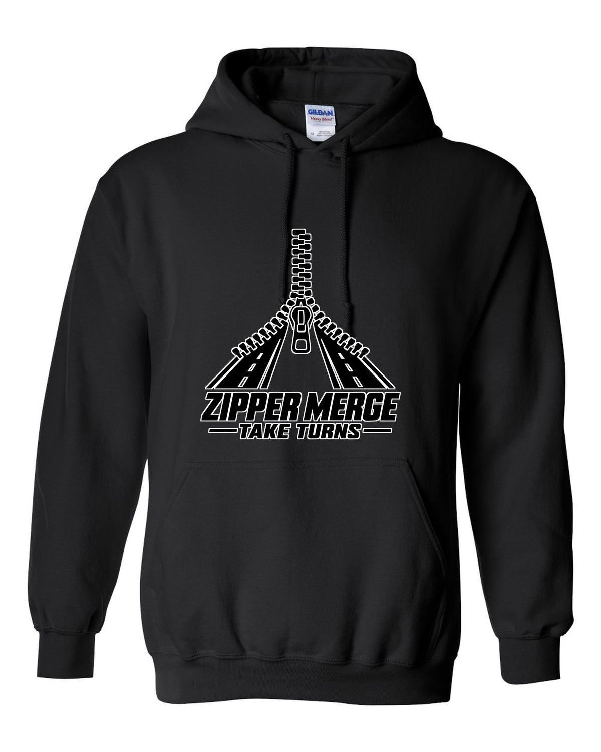 Two lanes of zipper teeth merging into one lane black pull over hoodie front view with the design