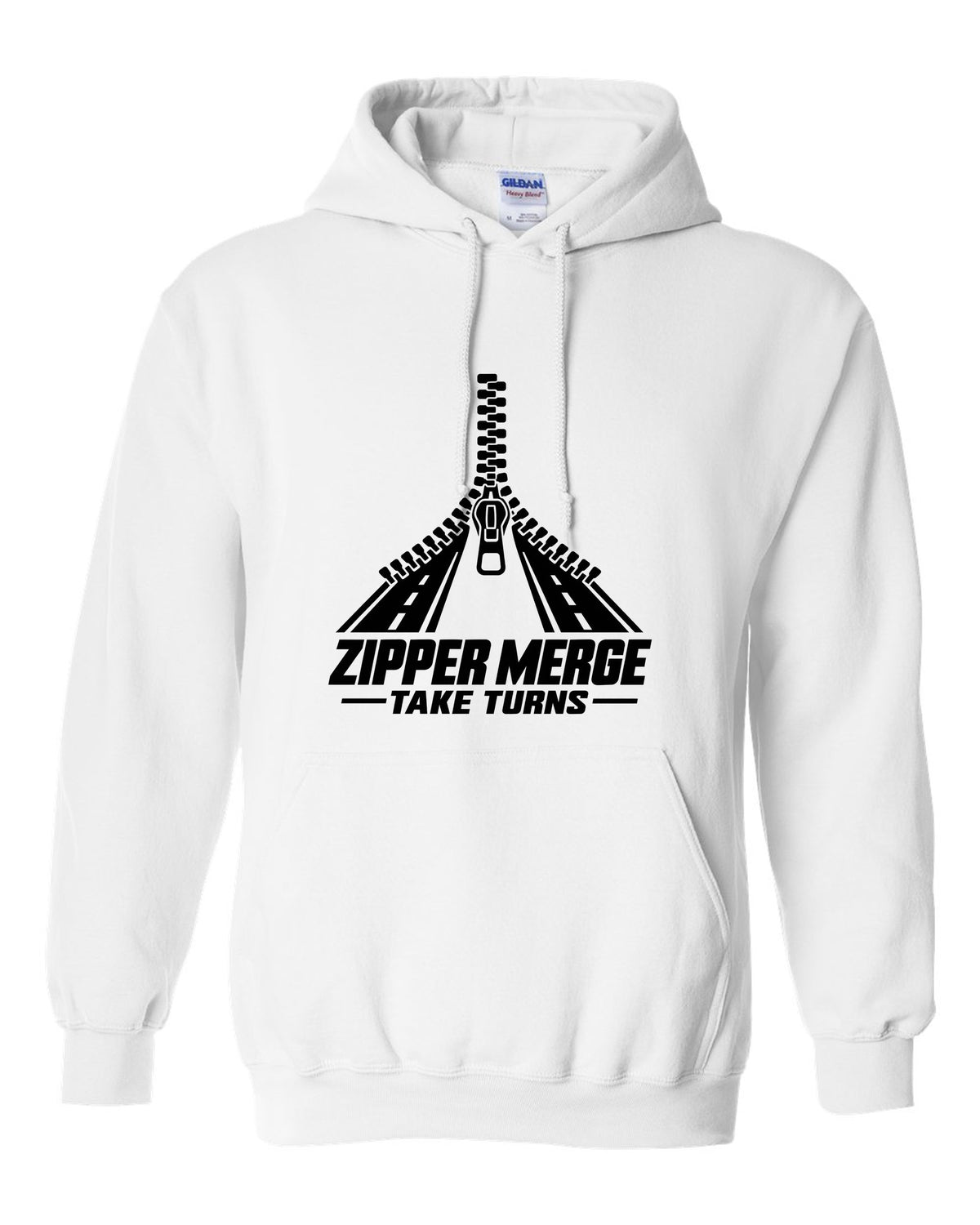 Two lanes of zipper teeth merging into one lane white pull over hoodie front view with the design