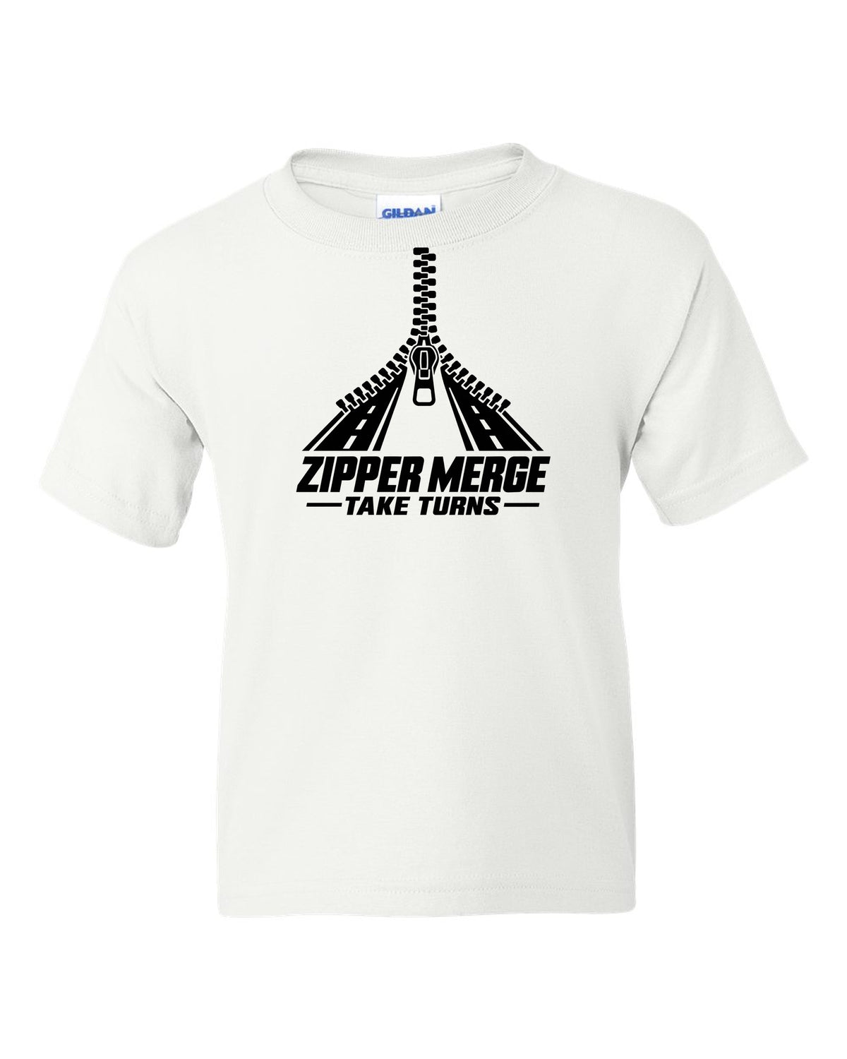 Two lanes of zipper teeth merging into one lane white kids tee front view with the design
