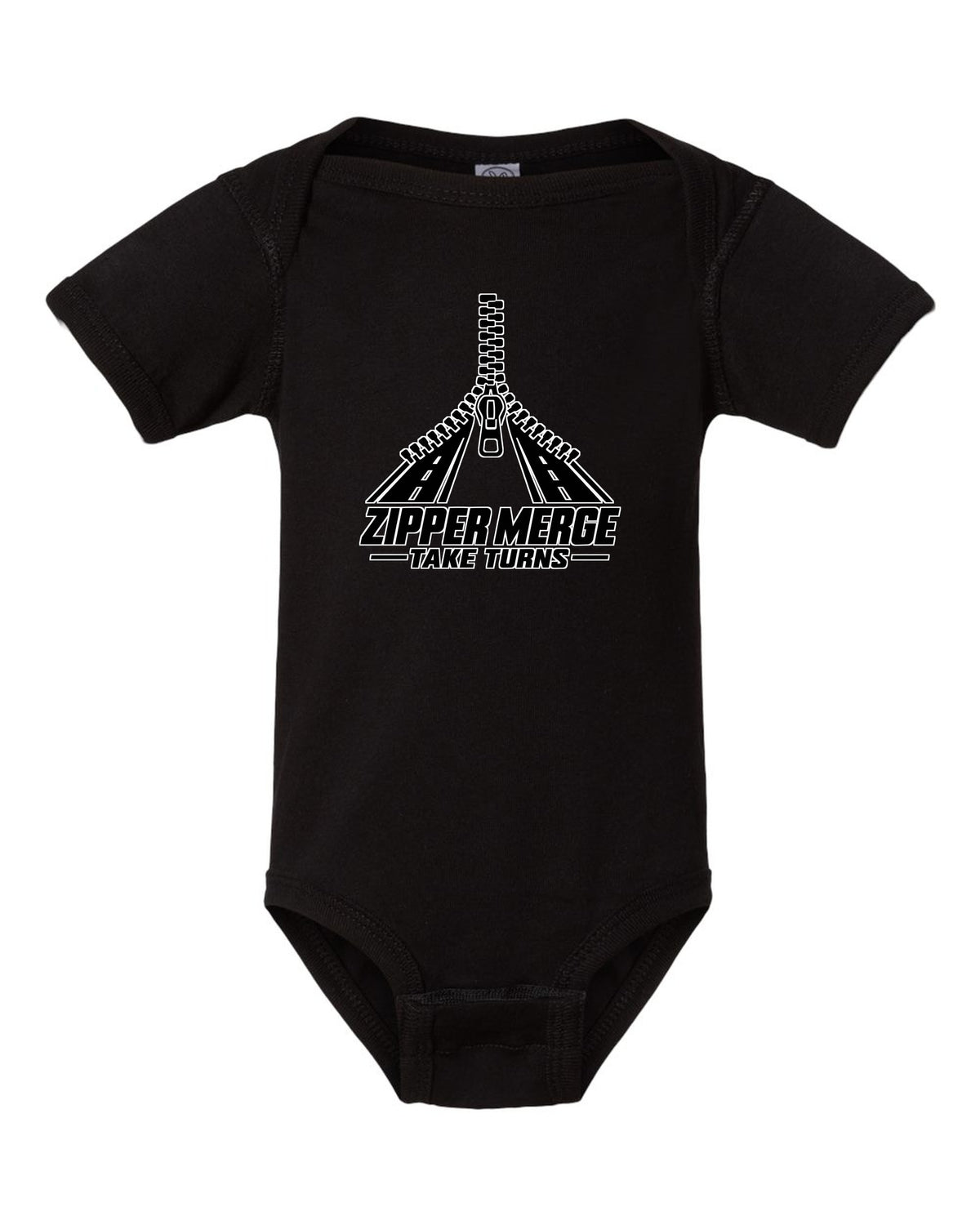 Funny Zipper Merge Take Turns Shirt for Drivers black baby onesie front view with the design
