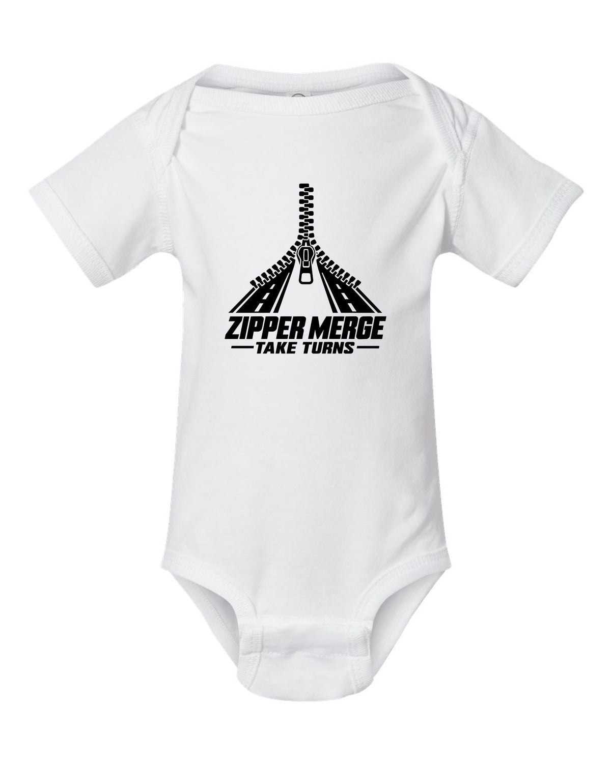 Funny Zipper Merge Take Turns Shirt for Drivers white baby onesie front view with the design