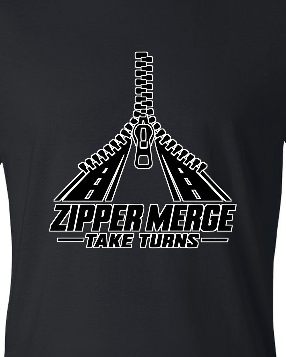 Two lanes of zipper teeth merging into one lane black t-shirt close-up