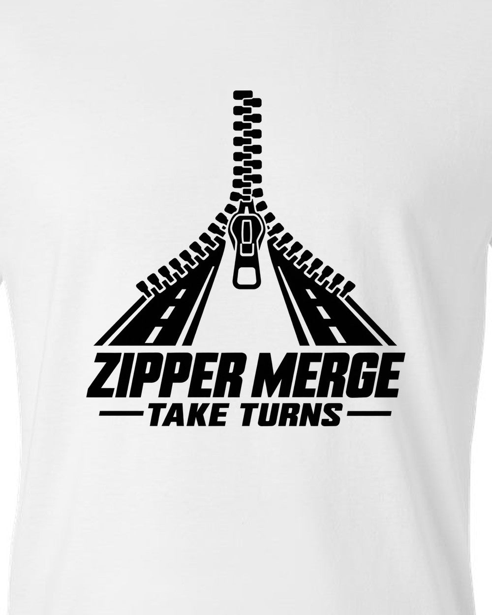 Two lanes of zipper teeth merging into one lane white t-shirt close-up