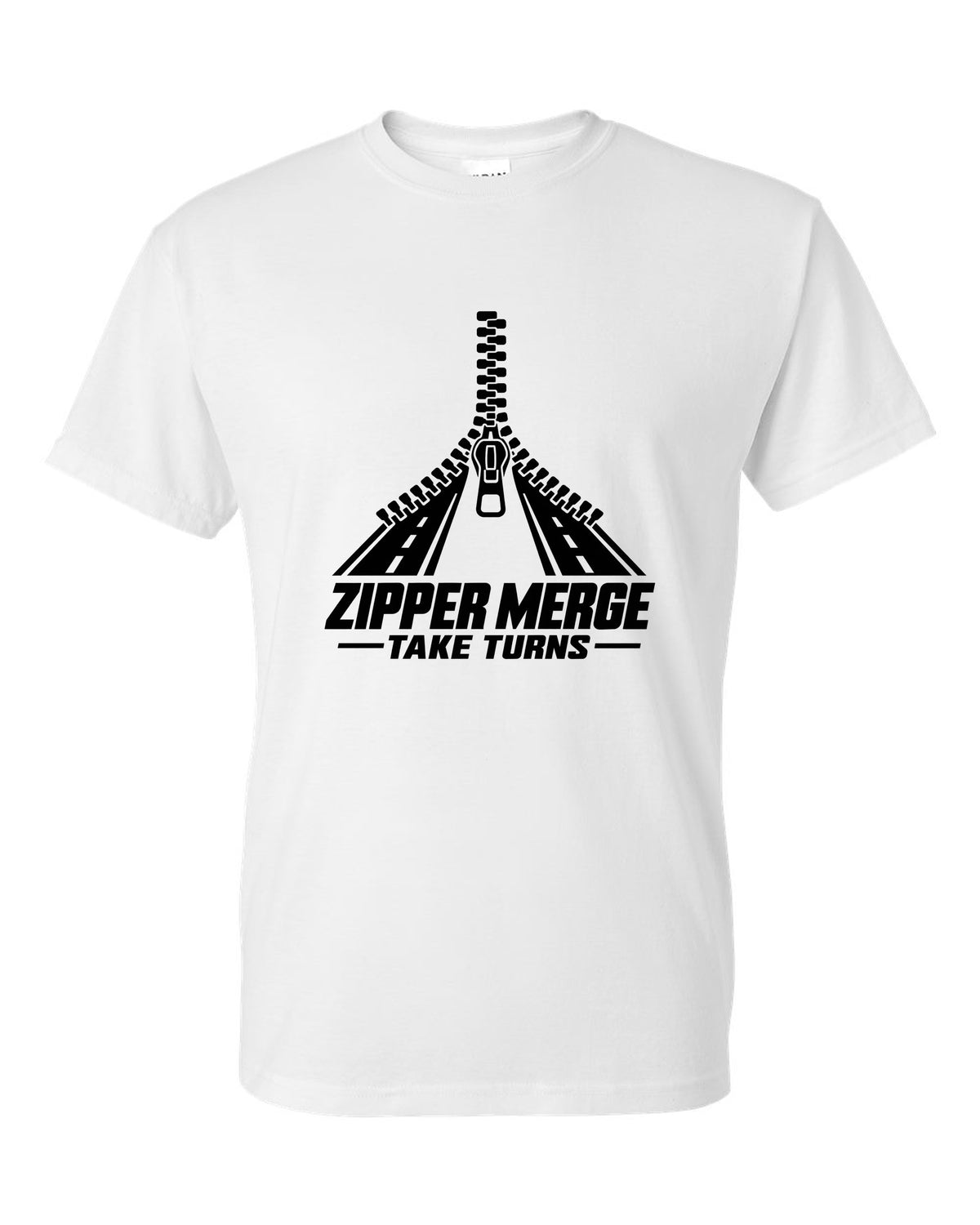 Two lanes of zipper teeth merging into one lane white t-shirt front view with the design