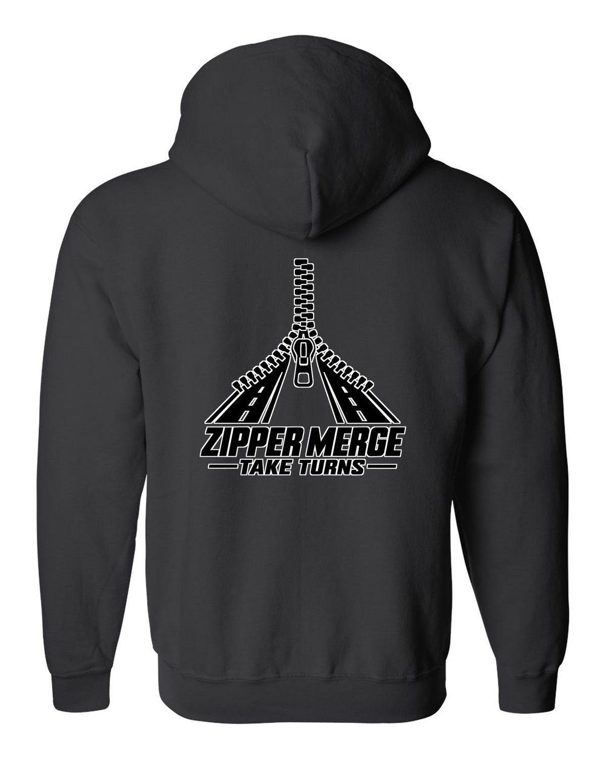 Two lanes of zipper teeth merging into one lane black zip hoodie back view with the design