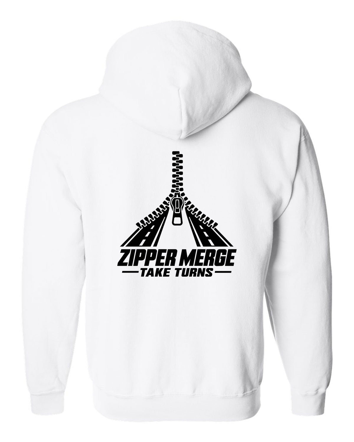 Two lanes of zipper teeth merging into one lane white zip hoodie back view with the design