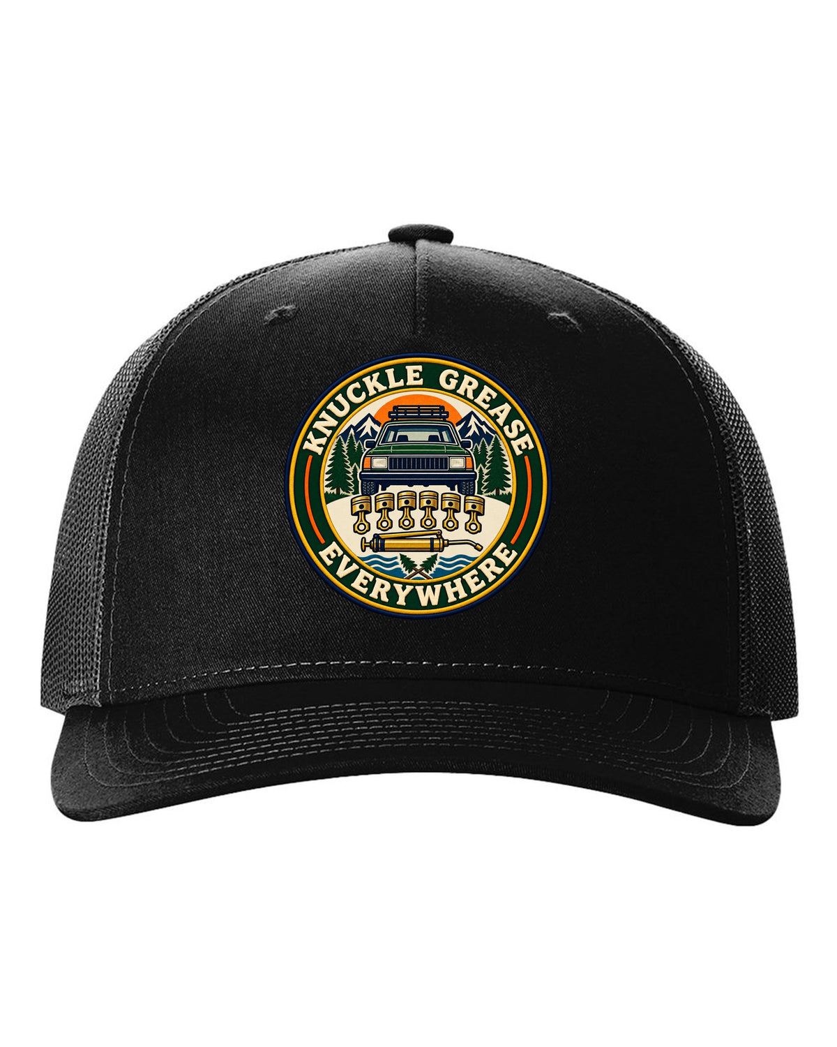 Badge crest of a Toyota Land Cruiser FZJ80 inline-six with Knuckle Grease Everywhere lettering black hat front view with the design