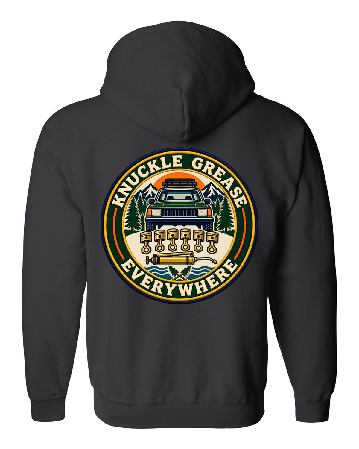 Badge crest of a Toyota Land Cruiser FZJ80 inline-six with Knuckle Grease Everywhere lettering black zip hoodie back view with the design